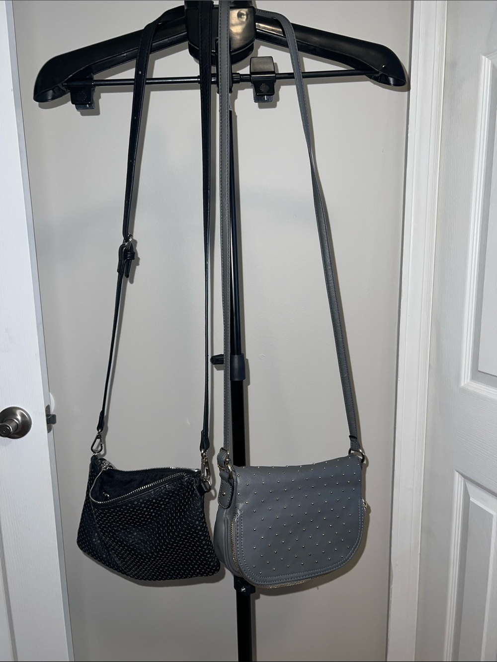 Small Black Zippered Bag and Studded Crossbody Bag - Gray